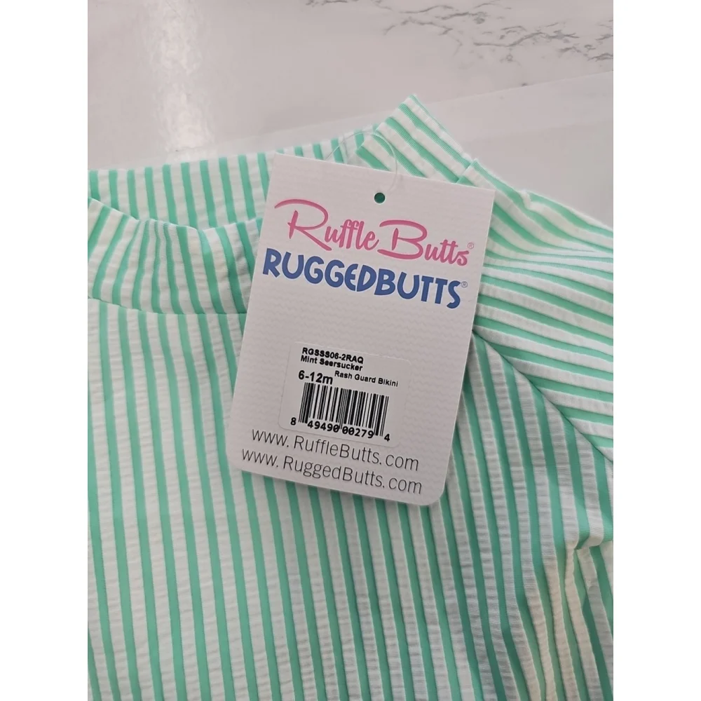 Ruffle Butts Seersucker Long Sleeve Swimsuit Baby Girls 6-12 Months